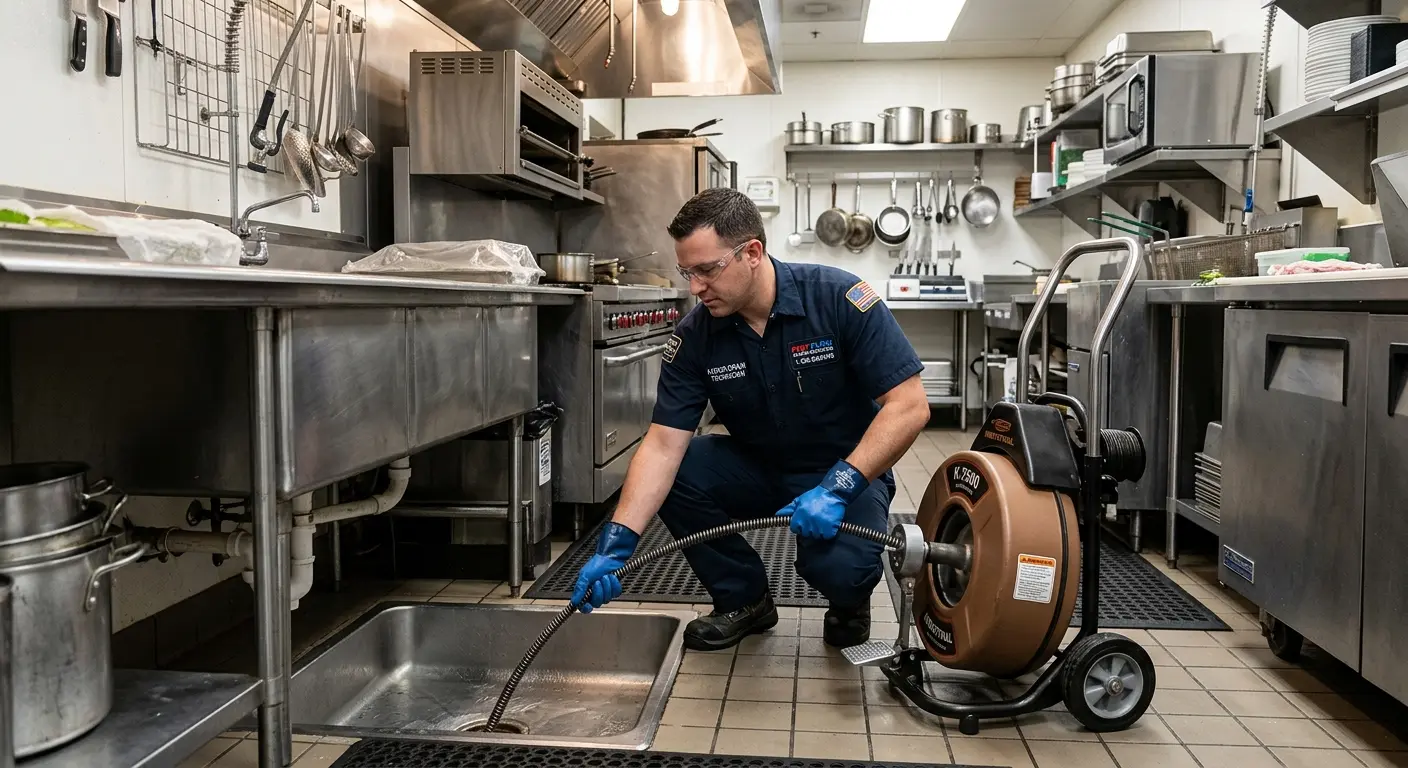 Commercial drain cleaning service in a restaurant kitchen in Fircrest