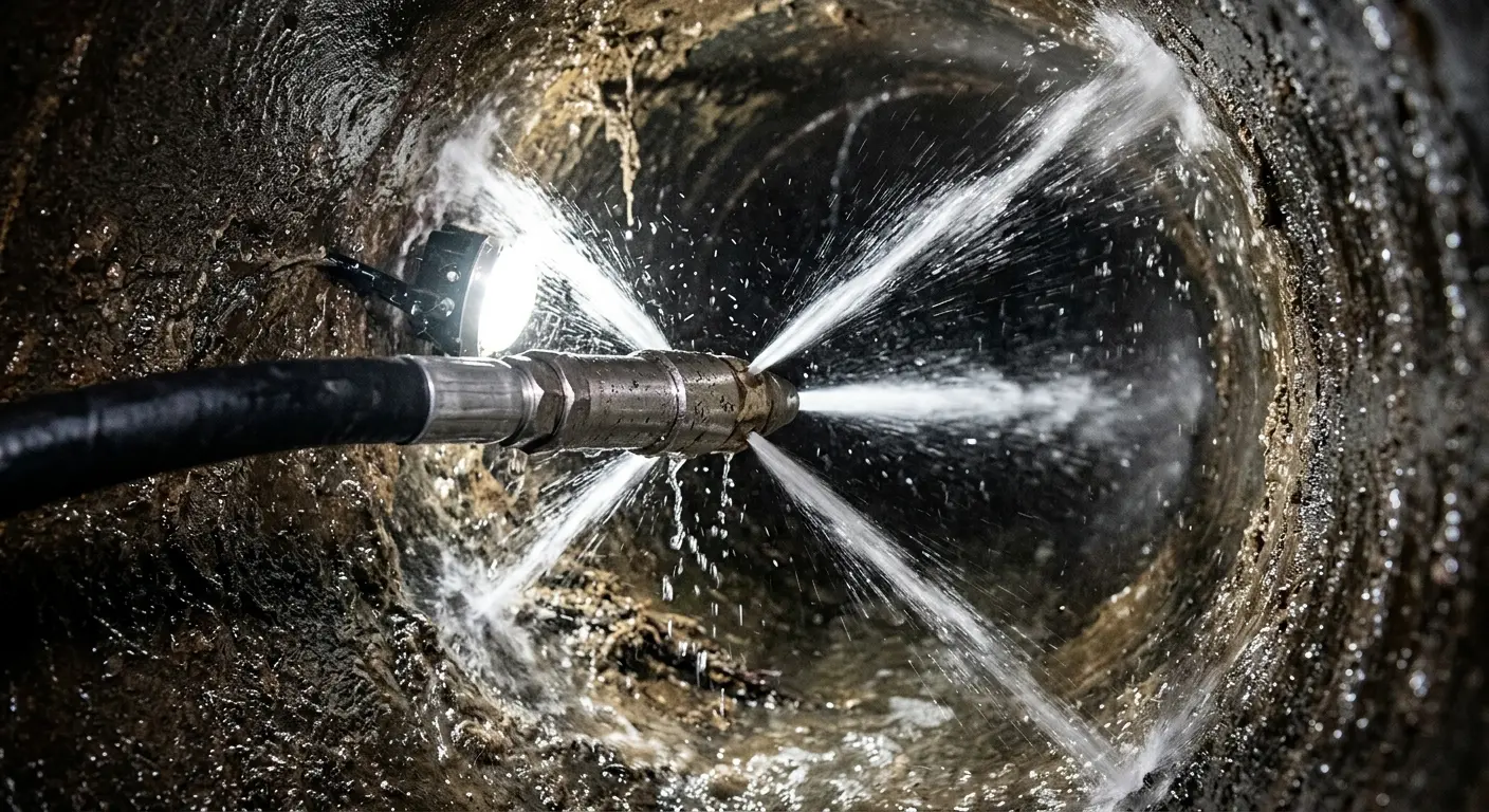 High-pressure hydro jetting nozzle cleaning sewer pipe for Sewer Line Relining in Fircrest