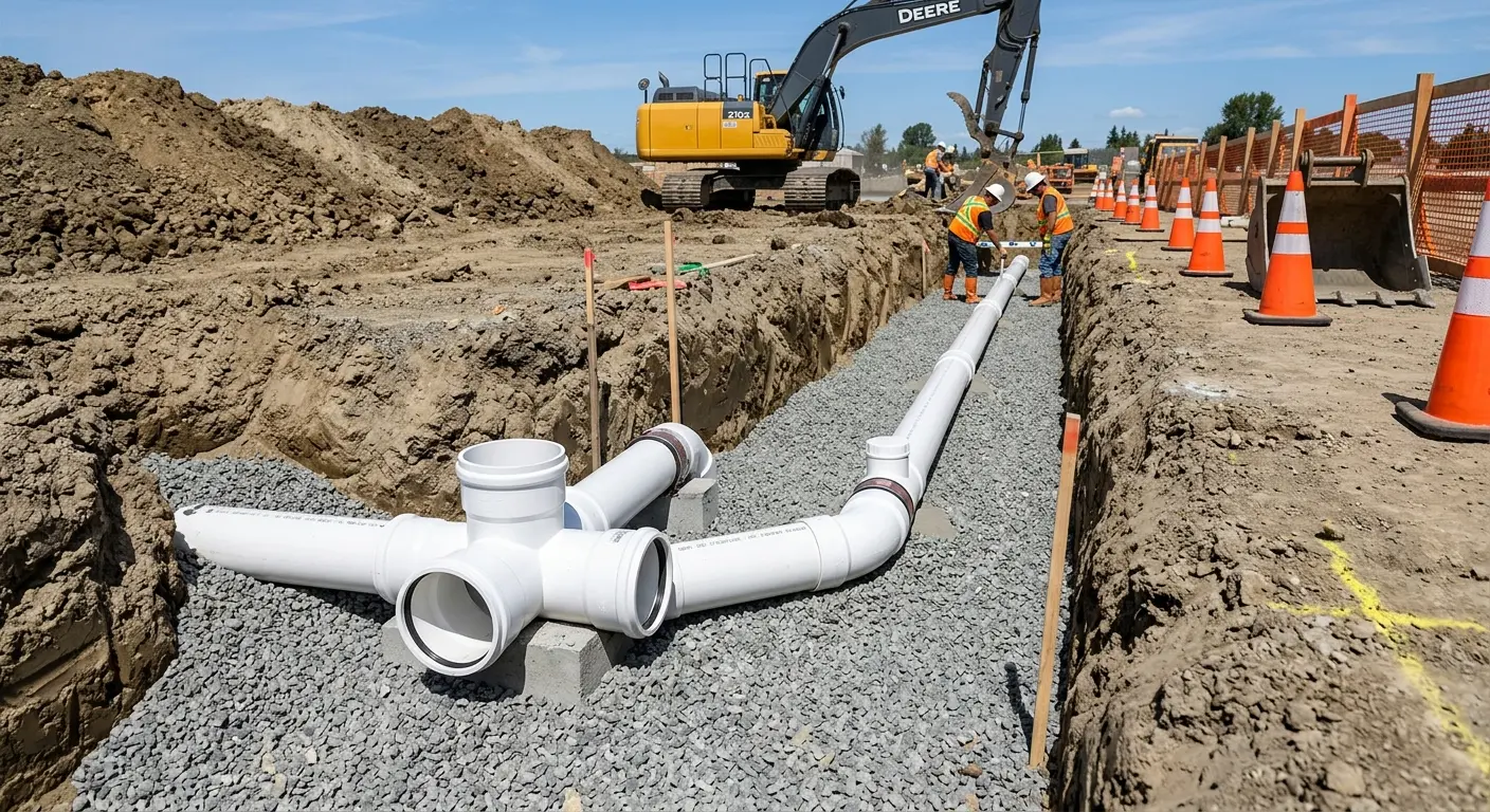 New PVC sewer pipe installation in open trench for Sewer Backup in Fircrest