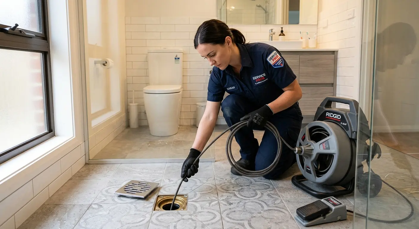 Technician clearing a bathroom floor drain for Sewer Line Replacement in Fircrest